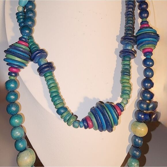 Blue and Green Wooden Beaded Necklaces with Textured Designs NWOT - Picture 5 of 10